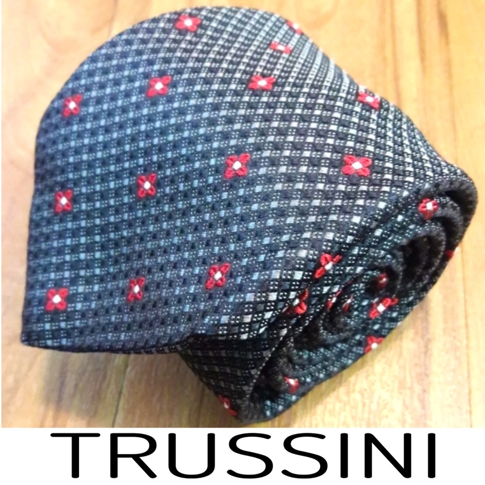 Trussini Cravatte Men's Tie Black Red White Floral Silk Necktie Made In Italy